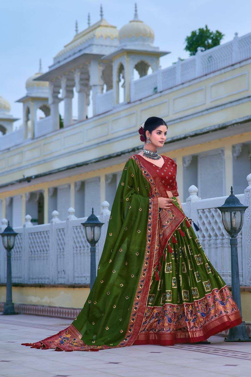 Mehndi Green Tussar Silk Lehenga Choli with Maroon Blouse | Bandhani Peacock & Foil Print | Wedding & Festive Wear - Image 4