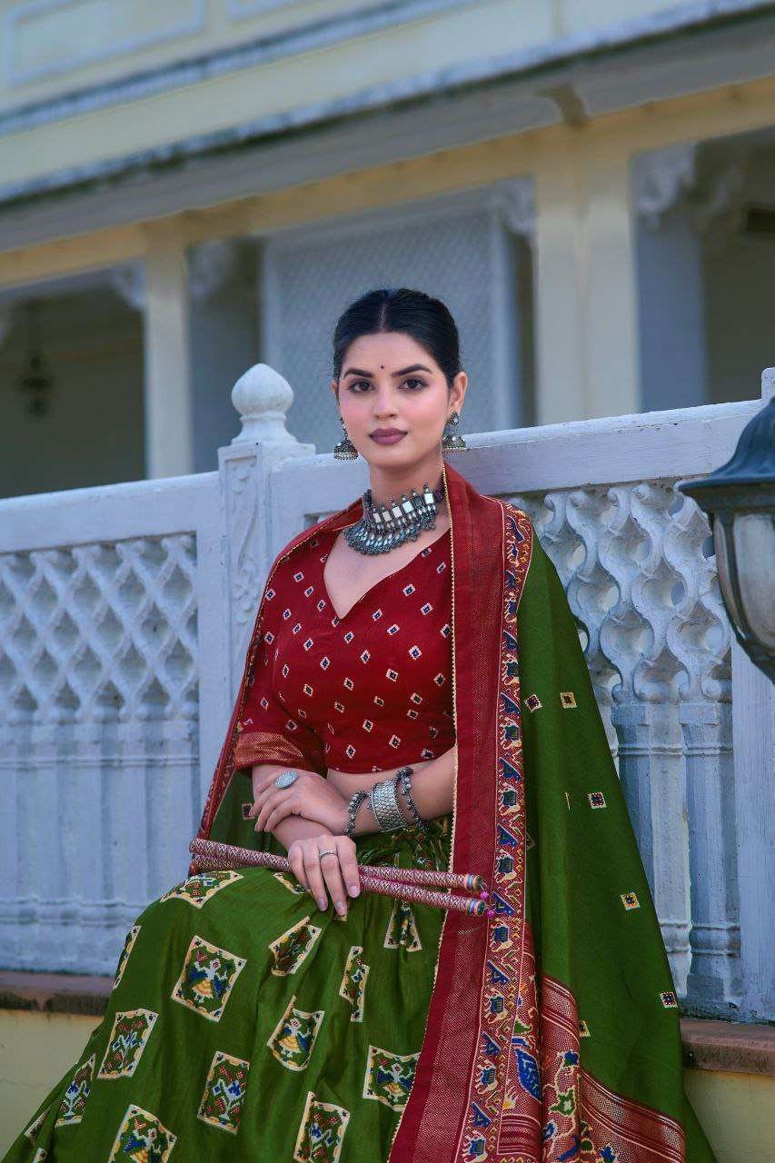 Mehndi Green Tussar Silk Lehenga Choli with Maroon Blouse | Bandhani Peacock & Foil Print | Wedding & Festive Wear - Image 3