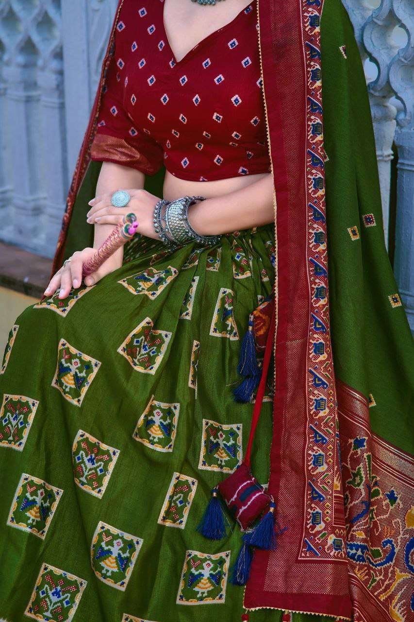 Mehndi Green Tussar Silk Lehenga Choli with Maroon Blouse | Bandhani Peacock & Foil Print | Wedding & Festive Wear - Image 2