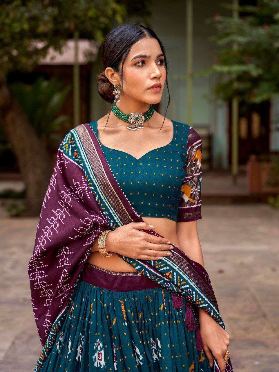 Maroon Tussar Silk Lehenga Choli with Bottle Green Blouse | Patola Print & Foil Work | Wedding & Festive Wear