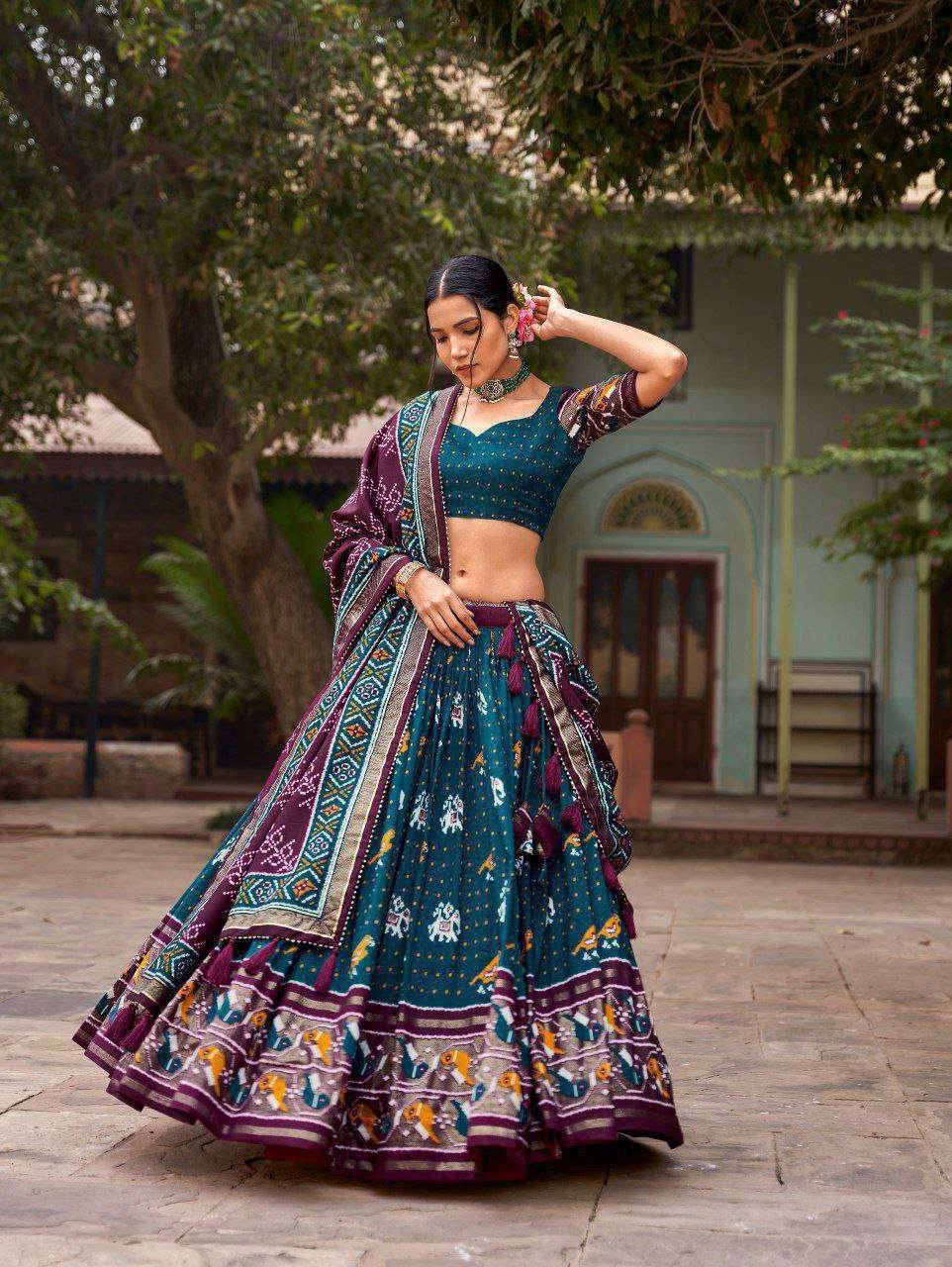 Maroon Tussar Silk Lehenga Choli with Bottle Green Blouse | Patola Print & Foil Work | Wedding & Festive Wear - Image 3