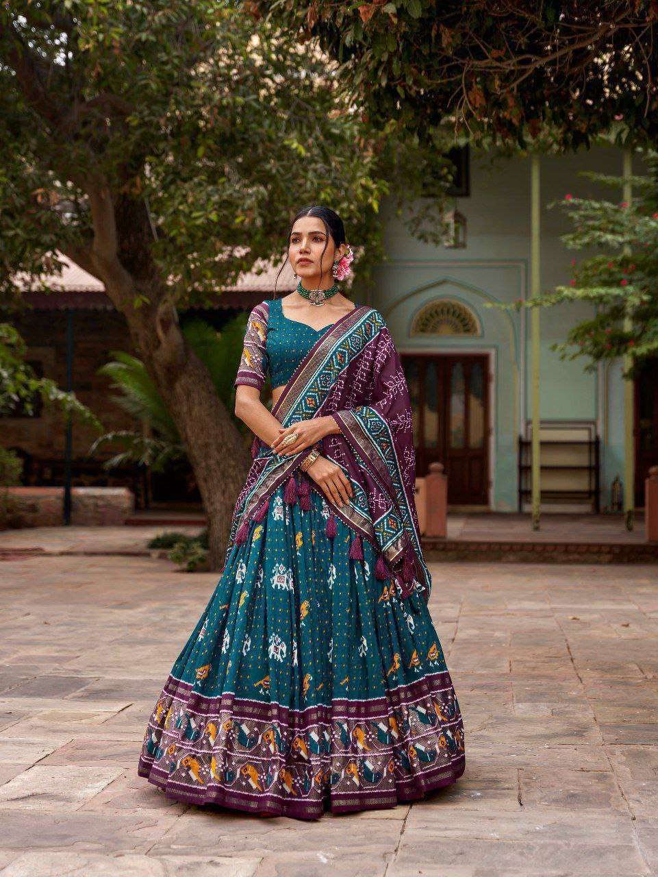 Maroon Tussar Silk Lehenga Choli with Bottle Green Blouse | Patola Print & Foil Work | Wedding & Festive Wear - Image 2
